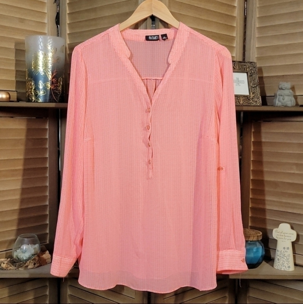 A.N.A Petite Medium PM Sheer Blouse Coral White Hearts Henley Roll Tab Sleeve